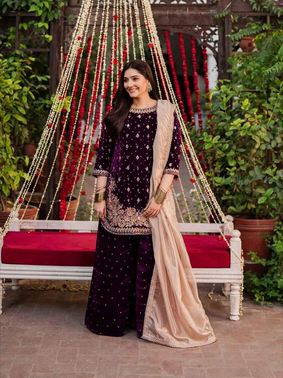 Wine Viscose Velvet Thread Sequence Work Salwar Suit