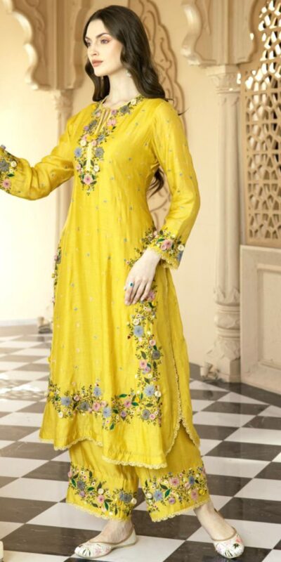 Yellow Faux Georgette Embroidery Lace Work Salwar Suit