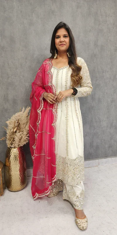 White Faux Georgette Sequence Thread Work Salwar Suit