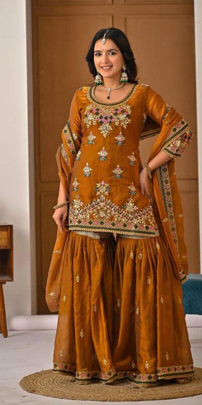 ND 5056 Brown Fandy Silk Salwar Suit with Embroidery Work. Wedding, Party, Festive, Events Now at just ₹2649. Delivery 4-6 Working Days. Shop now. | Jump Suits, Salwar suit, Casual Suits, Creative suits, Designer Suits, Palazzo Suits, Party Wear Suits, Patiala Suits, Straight Suits