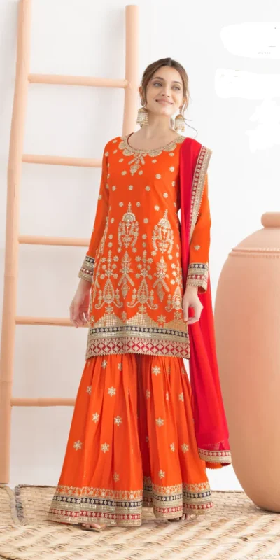 FC 726 Orange Chinon Salwar Suit Perfect for Wedding, Party, Ethnic Day, Makar Sankranti, Cultural Events – . Best Price ₹3049. Delivery 4-6 Working | Jump Suits, Salwar suit, Casual Suits, Creative suits, Designer Suits, Palazzo Suits, Party Wear Suits, Patiala Suits, Straight Suits