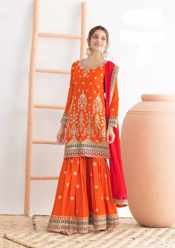 FC 725 Orange Chinon Salwar Suit Perfect for Wedding, Party, Ethnic Day, Makar Sankranti, Cultural Events – . Best Price ₹3049. Delivery 4-6 Working | Jump Suits, Salwar suit, Casual Suits, Creative suits, Designer Suits, Palazzo Suits, Party Wear Suits, Patiala Suits, Straight Suits