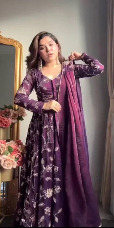 VLM 320 Purple Fendy Silk Gown Perfect for Wedding, Party, Pongal, Sangeet, Diwali – . Get it for ₹2499. Delivery 4-6 Working Days. Shop now. | Gowns, Bollywood Gowns, Creative Gowns, Designer Gowns, Embroidered Gowns, Party Wear Gowns