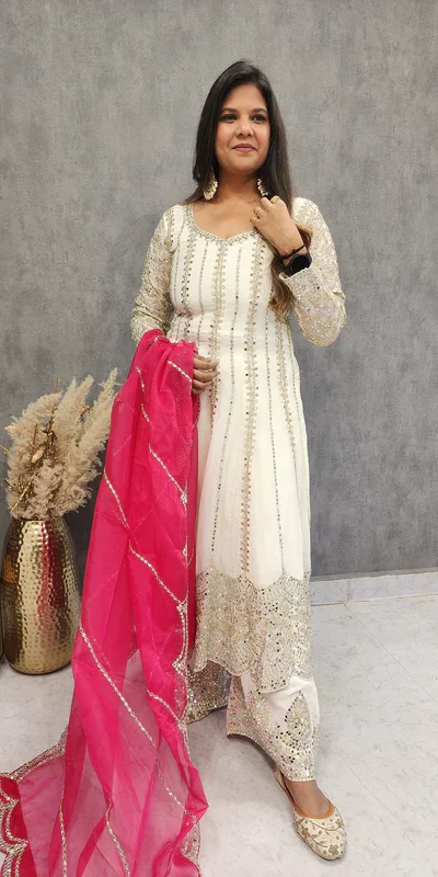 KD 1521 White Faux Georgette Salwar Suit Perfect for Wedding, Party, Pooja, Reception, Engagement – . Introductory Price ₹2099. Delivery 4-6 Working D | Jump Suits, Salwar suit, Casual Suits, Creative suits, Designer Suits, Palazzo Suits, Party Wear Suits, Patiala Suits, Straight Suits