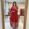 Red Chinon Silk Coding Dori Sequence Work Gown