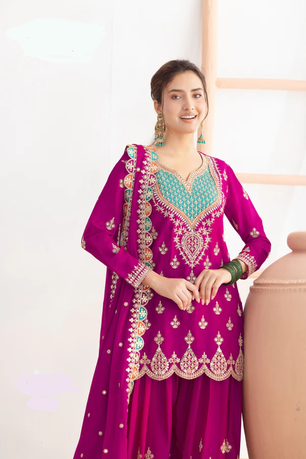 WW G 6000 Rani Pink Viscous Chinon Salwar Suit with Lace Work & Embroidery Work. Exclusive Offer ₹2499. Delivery 4-6 Working Days. Shop now. | Jump Suits, Salwar suit, Casual Suits, Creative suits, Designer Suits, Palazzo Suits, Party Wear Suits, Patiala Suits, Straight Suits