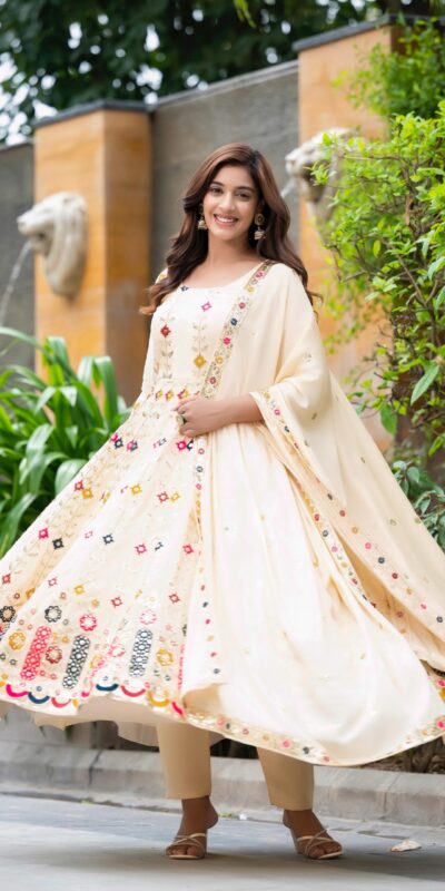 NF 1234 Cream Chinon Silk Anarkali Suit with Cut Work & Embroidery Work. Now at just ₹2599. Delivery 4-6 Working Days. Shop now. | Anarkali Suits, Bollywood Anarkali, Creative-Anarkali, Designer Anarkali, Embroidered Anarkali, Party Wear Anarkali