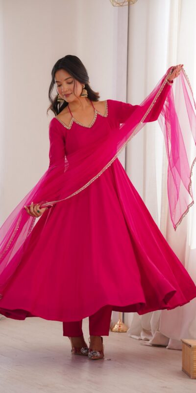 KB 293 Dark Pink Soft Nylon Net Anarkali Suit with Mirror Work & Lace Work. Get it for ₹1999. Delivery 4-6 Working Days. Shop now. | Anarkali Suits, Bollywood Anarkali, Creative-Anarkali, Designer Anarkali, Embroidered Anarkali, Party Wear Anarkali