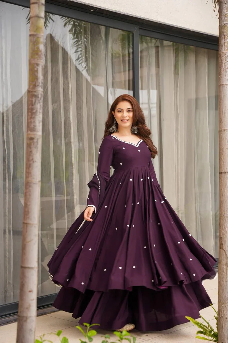 MD 3077 Dark Purple Roman Silk Anarkali Suit. Perfect for Wedding, Party, Lohri, Holi, Baisakhi – Festive Deal ₹2449. Delivery 4-6 Working Days. | Anarkali Suits, Bollywood Anarkali, Creative-Anarkali, Designer Anarkali, Embroidered Anarkali, Party Wear Anarkali