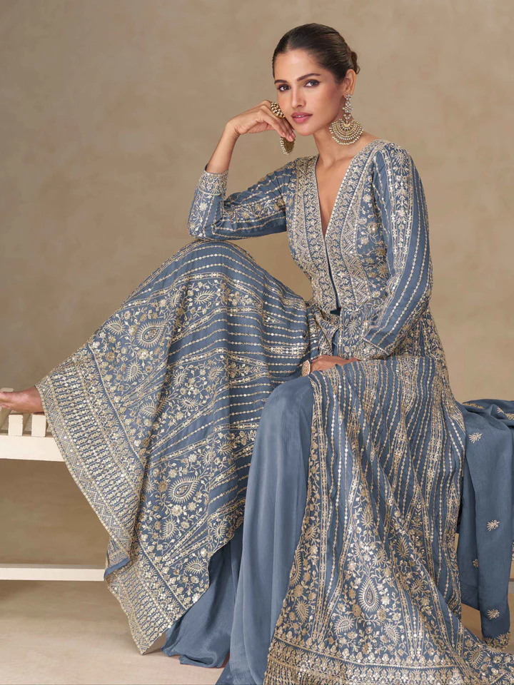 FC 10355 Grey Chinon Silk Salwar Suit with Embroidery Work & Lace Work. Affordable Price ₹3699. Delivery 4-6 Working Days. Shop now. | Jump Suits, Salwar suit, Casual Suits, Creative suits, Designer Suits, Palazzo Suits, Party Wear Suits, Patiala Suits, Straight Suits