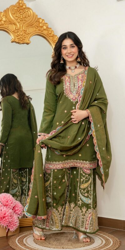 WW 6007 Mehendi Vichitra Silk Salwar Suit with Embroidery Work. Wedding, Party, Festive, Events, Grab it for ₹2599. Delivery 4-6 Working Days. Shop now. | Jump Suits, Salwar suit, Casual Suits, Creative suits, Designer Suits, Palazzo Suits, Party Wear Suits, Patiala Suits, Straight Suits