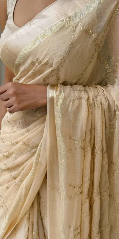 MS 505 Off White Viscose Satin Saree with Sequins Work & Embroidery Work. Special Price ₹1599. Delivery 4-6 Working Days. Shop now. | Creative Sarees, Sarees, Bollywood Sarees, Designer Sarees, Embroidered Sarees, Ethnic Saree, Modern Digital sarees, Party Wear Sarees