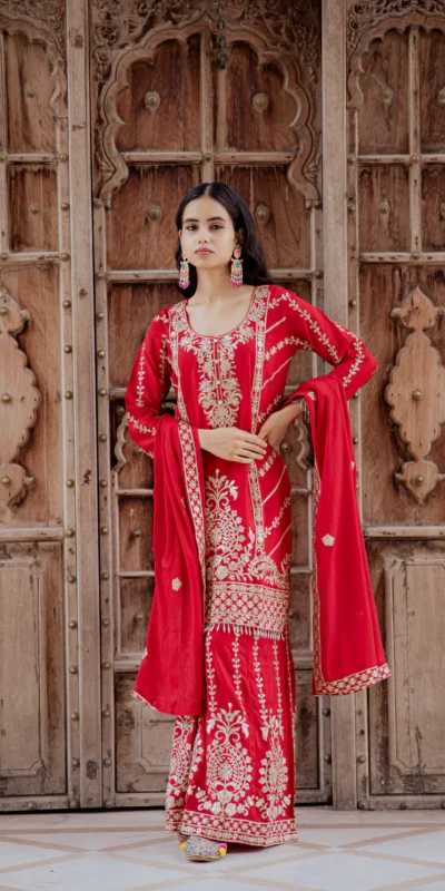 Red Chinon With Sequence Work Salwar Suit
