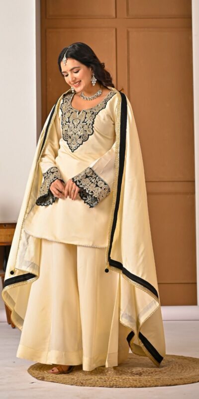 MD 3079 Cream Color Roman Silk Salwar Suit with Embroidery Work. Available at ₹2499 only. Delivery 4-6 Working Days. Shop now. | Jump Suits, Salwar suit, Casual Suits, Creative suits, Designer Suits, Palazzo Suits, Party Wear Suits, Patiala Suits, Straight Suits