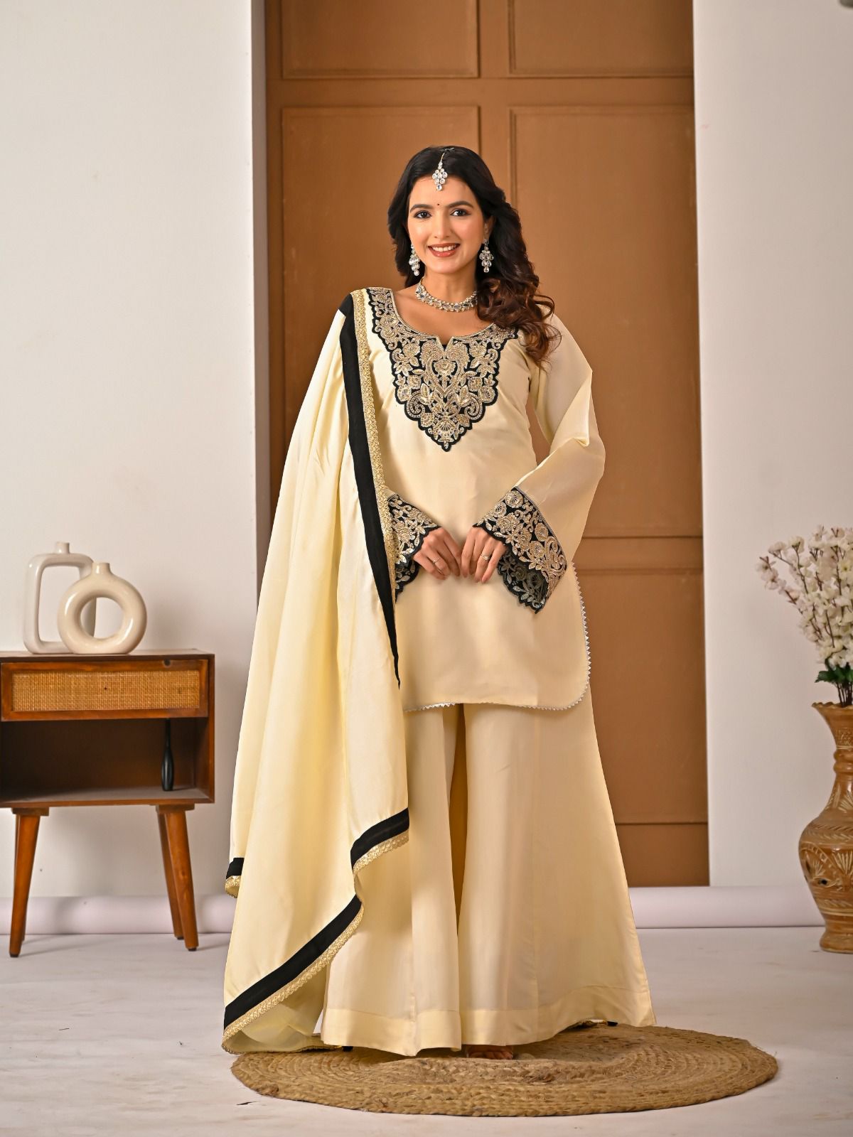 MD 3079 Cream Color Roman Silk Salwar Suit with Embroidery Work. Available at ₹2499 only. Delivery 4-6 Working Days. Shop now. | Jump Suits, Salwar suit, Casual Suits, Creative suits, Designer Suits, Palazzo Suits, Party Wear Suits, Patiala Suits, Straight Suits