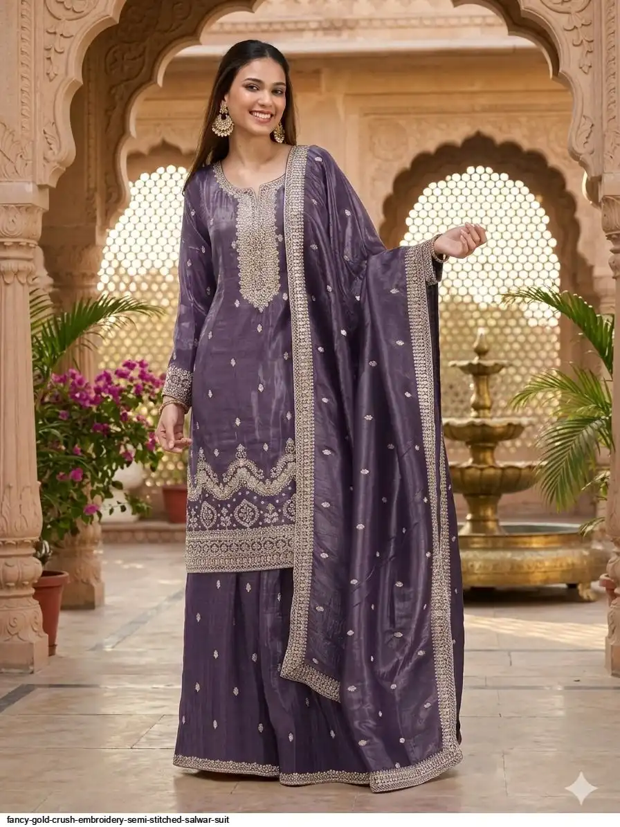 Super Purple Gold Crush Embroidery Work Salwar Suit
