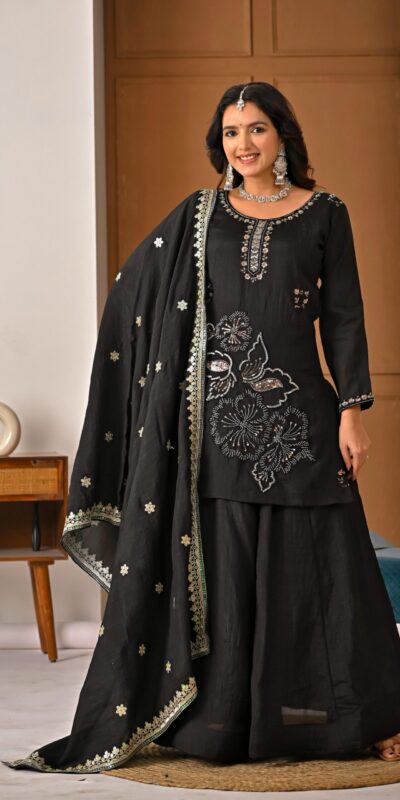 ND 5067 Black Vichitra Silk Salwar Suit with Embroidery Work. Wedding, Party, Festive, Events, Grab it for ₹2399. Delivery 4-6 Working Days. Shop now. | Jump Suits, Salwar suit, Casual Suits, Creative suits, Designer Suits, Palazzo Suits, Party Wear Suits, Patiala Suits, Straight Suits