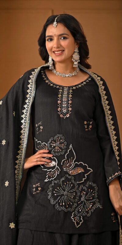 ND 5067 Black Vichitra Silk Salwar Suit with Embroidery Work. Wedding, Party, Festive, Events, Grab it for ₹2399. Delivery 4-6 Working Days. Shop now. | Jump Suits, Salwar suit, Casual Suits, Creative suits, Designer Suits, Palazzo Suits, Party Wear Suits, Patiala Suits, Straight Suits