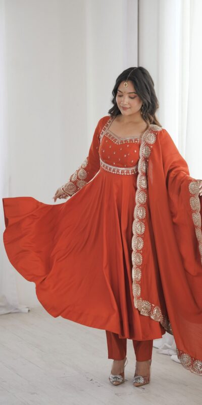 ZF 5026  Orange Colour Roman Silk Salwar Suit with Embroidery Work. Best Price ₹2399. Delivery 4-6 Working Days. Shop now. | Anarkali Suits, Bollywood Anarkali, Creative-Anarkali, Designer Anarkali, Embroidered Anarkali, Party Wear Anarkali