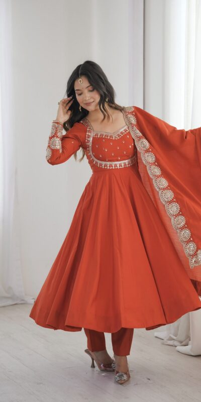 ZF 5026 Orange Colour Roman Silk Salwar Suit with Embroidery Work. Best Price ₹2399. Delivery 4-6 Working Days. Shop now. | Anarkali Suits, Bollywood Anarkali, Creative-Anarkali, Designer Anarkali, Embroidered Anarkali, Party Wear Anarkali