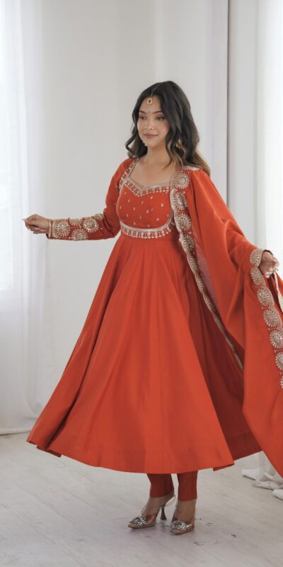ZF 5026 Orange Colour Roman Silk Salwar Suit with Embroidery Work. Best Price ₹2399. Delivery 4-6 Working Days. Shop now. | Anarkali Suits, Bollywood Anarkali, Creative-Anarkali, Designer Anarkali, Embroidered Anarkali, Party Wear Anarkali