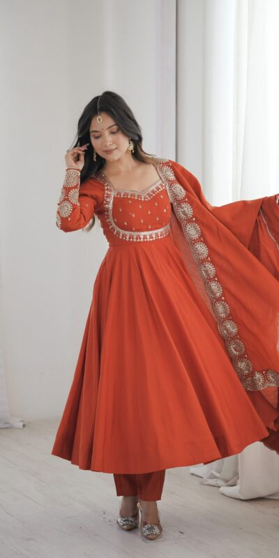 ZF 5026 Orange Colour Roman Silk Salwar Suit with Embroidery Work. Best Price ₹2399. Delivery 4-6 Working Days. Shop now. | Anarkali Suits, Bollywood Anarkali, Creative-Anarkali, Designer Anarkali, Embroidered Anarkali, Party Wear Anarkali
