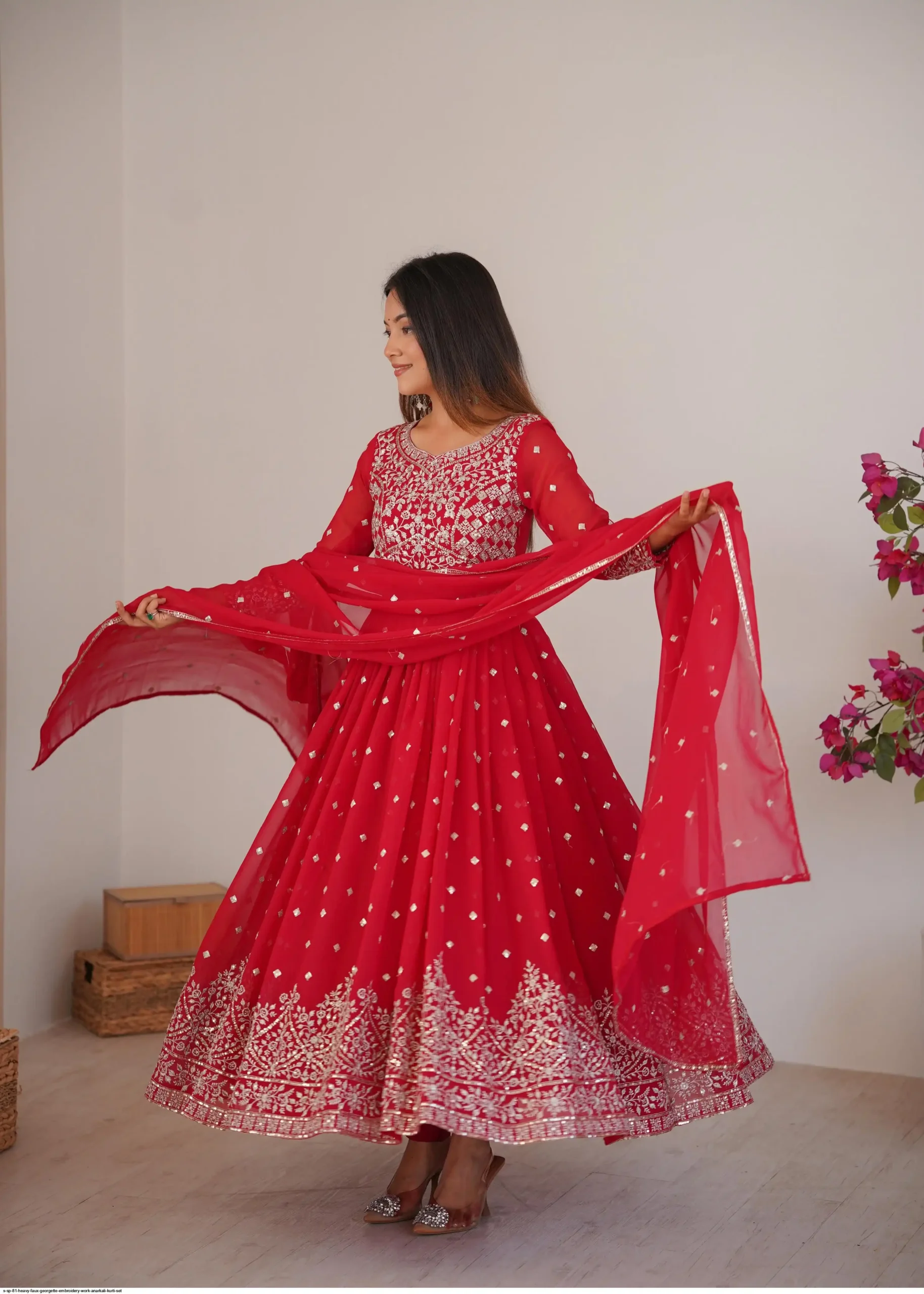SP 81 Red| Faux Georgette Salwar Suit with Lace Work & Digital Print. Introductory Price ₹2449. Delivery 4-6 Working Days. Shop now. | Anarkali Suits, Bollywood Anarkali, Creative-Anarkali, Designer Anarkali, Embroidered Anarkali, Party Wear Anarkali, Salwar suit