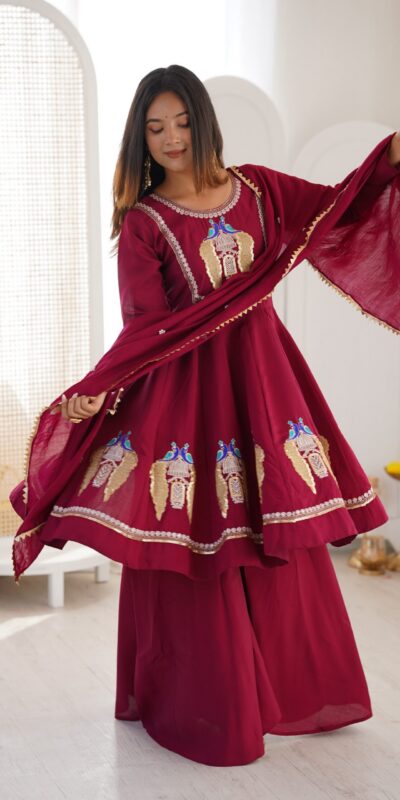 NSR 916 Maroon Roman Silk Salwar Suit with Sequins Work & Embroidery Work. Available at ₹2399 only. Delivery 4-6 Working Days. Shop now. | Jump Suits, Salwar suit, Casual Suits, Creative suits, Designer Suits, Palazzo Suits, Party Wear Suits, Patiala Suits, Straight Suits