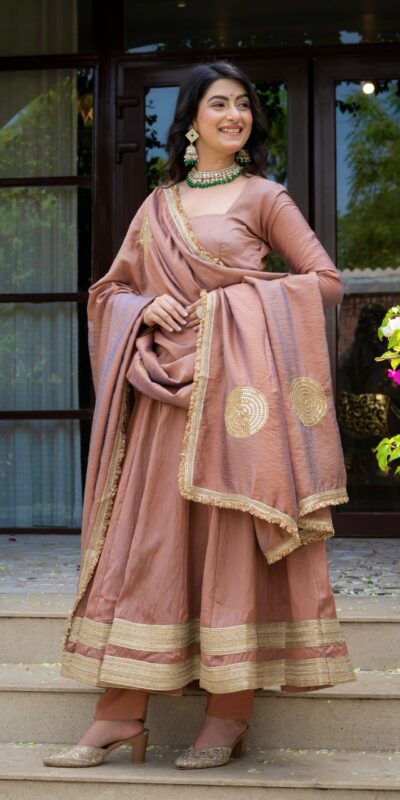 ND 5078 Brown Vichitra Salwar Suit with Sequins Work & Embroidery Work. Available at ₹2449 only. Delivery 4-6 Working Days. Shop now. | Anarkali Suits, Bollywood Anarkali, Creative-Anarkali, Designer Anarkali, Embroidered Anarkali, Party Wear Anarkali