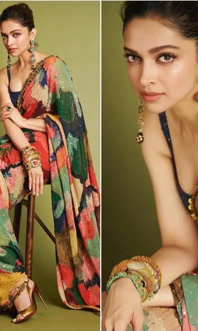 deepika-padukone-multicolour-sabyasachi-sari-earrings-bangles-heels-mumbai