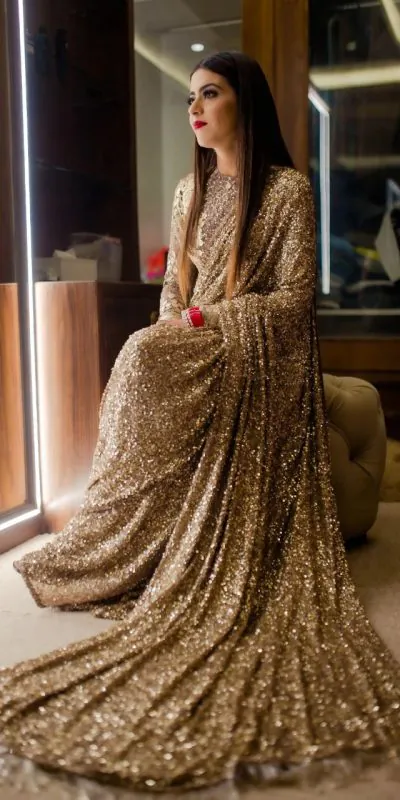 angelic-gold-color-fancy-thread-sequence-work-party-wear-saree