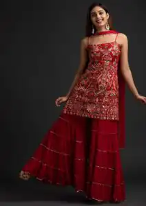 NSR 1301 Red Top : Georgette Work : Heavy Embroidery With Real Mirror Work Sharara : Georgette Wedding, Party, Festive, Events @1849/- | Salwar suit, Casual Suits, Creative suits, Designer Suits, Palazzo Suits, Party Wear Suits, Straight Suits