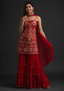 NSR 1301 Red Top : Georgette Work : Heavy Embroidery With Real Mirror Work Sharara : Georgette Wedding, Party, Festive, Events @1849/- | Salwar suit, Casual Suits, Creative suits, Designer Suits, Palazzo Suits, Party Wear Suits, Straight Suits