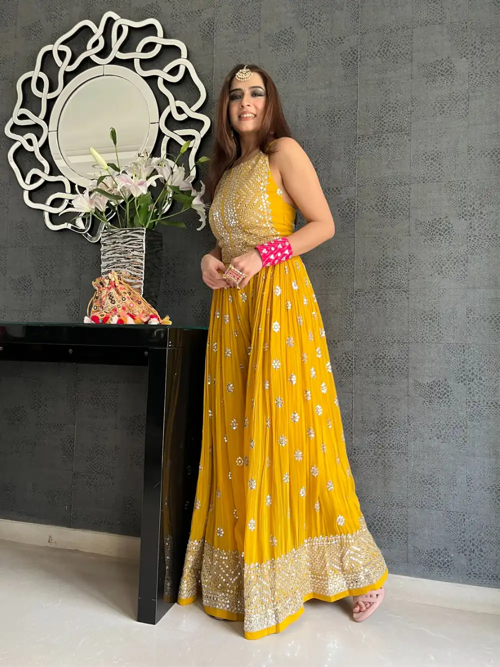NSR 555 Yellow Jumpsuit : Heavy Faux Georgette Work : Heavy Embroidery With Sequin Work Flair : Each Leg 1.5 M Casual, Party @1699/- | Jump Suits, Salwar suit, Casual Suits, Creative suits, Designer Suits, Palazzo Suits, Party Wear Suits, Straight Suits