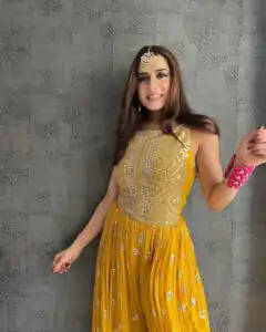 NSR 555 Yellow Jumpsuit : Heavy Faux Georgette Work : Heavy Embroidery With Sequin Work Flair : Each Leg 1.5 M Casual, Party @1699/- | Jump Suits, Salwar suit, Casual Suits, Creative suits, Designer Suits, Palazzo Suits, Party Wear Suits, Straight Suits