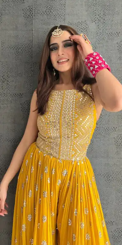 NSR 555 Yellow Jumpsuit : Heavy Faux Georgette Work : Heavy Embroidery With Sequin Work Flair : Each Leg 1.5 M Casual, Party @1699/- | Jump Suits, Salwar suit, Casual Suits, Creative suits, Designer Suits, Palazzo Suits, Party Wear Suits, Straight Suits