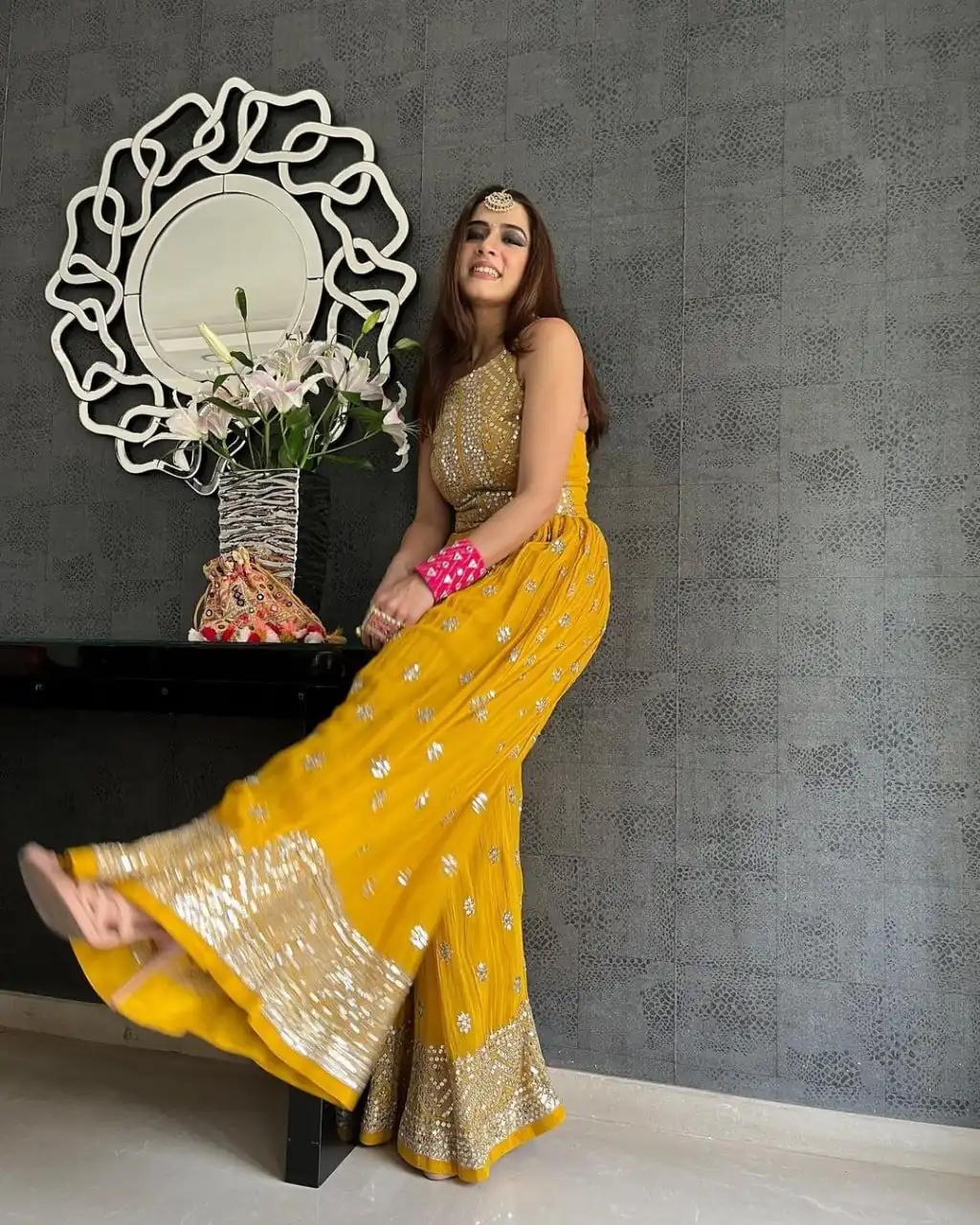 NSR 555 Yellow Jumpsuit : Heavy Faux Georgette Work : Heavy Embroidery With Sequin Work Flair : Each Leg 1.5 M Casual, Party @1699/- | Jump Suits, Salwar suit, Casual Suits, Creative suits, Designer Suits, Palazzo Suits, Party Wear Suits, Straight Suits