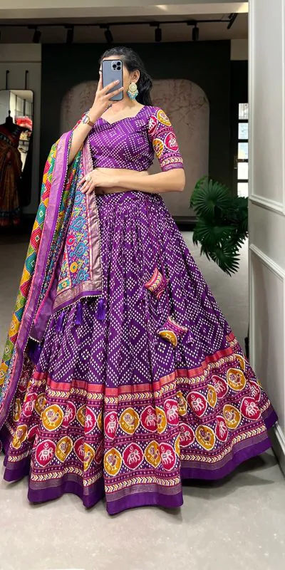 Angelic Purple Color Tussar Silk With Heavy Tassels patola printed Lehenga Choli