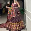 Wine Tussar Silk Patola Lehenga with Tassels