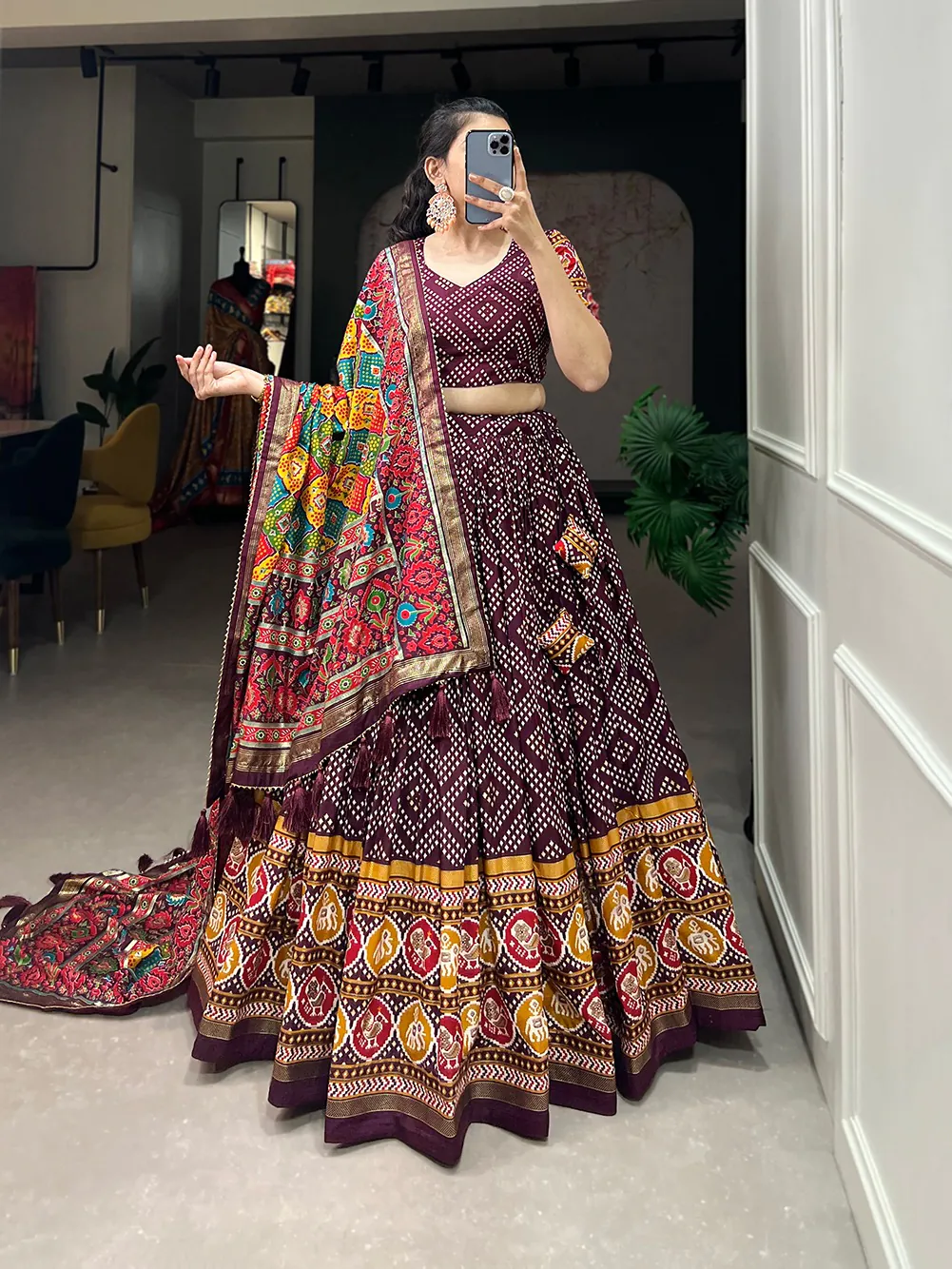Angelic Wine Color Tussar Silk With Heavy Tassels patola printed Lehenga Choli