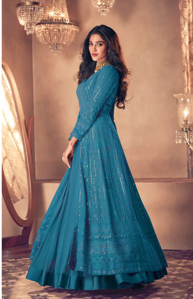Glamorous Rama Color Heavy Georgette with Santoon And Embroidery Designer Work Suit