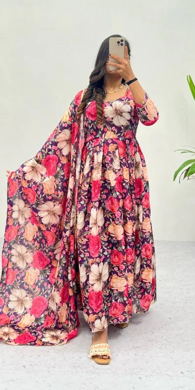 Ravishing Pink Color Heavy Chinon Printed Gown With Lace Border Dupatta
