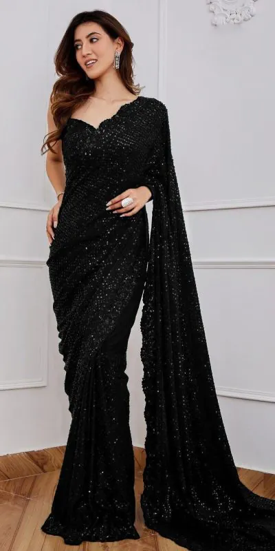 Classic Black Color Full Saree Of Georgette Sequins Work Saree
