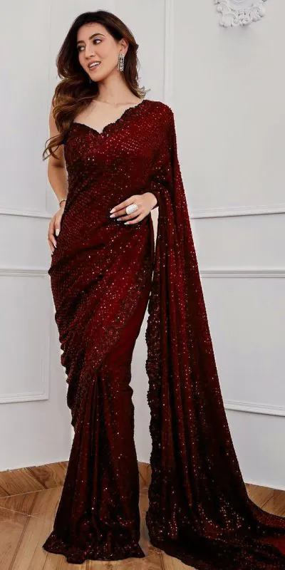 Classic Maroon Color Full Saree Of Georgette Sequins Work Saree