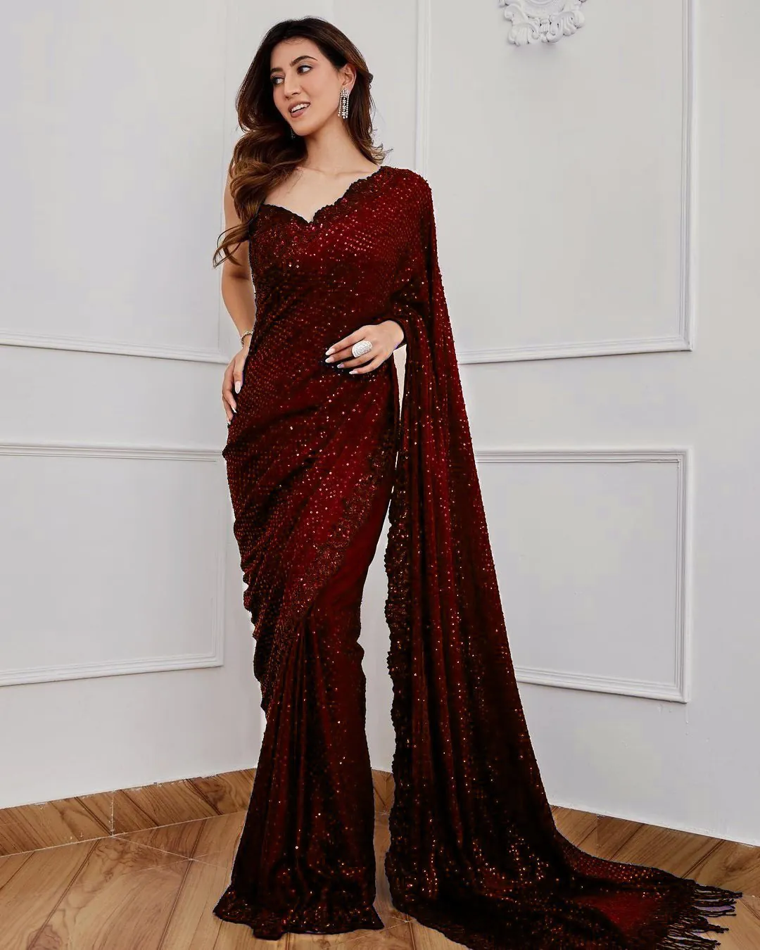 Classic Maroon Color Full Saree Of Georgette Sequins Work Saree