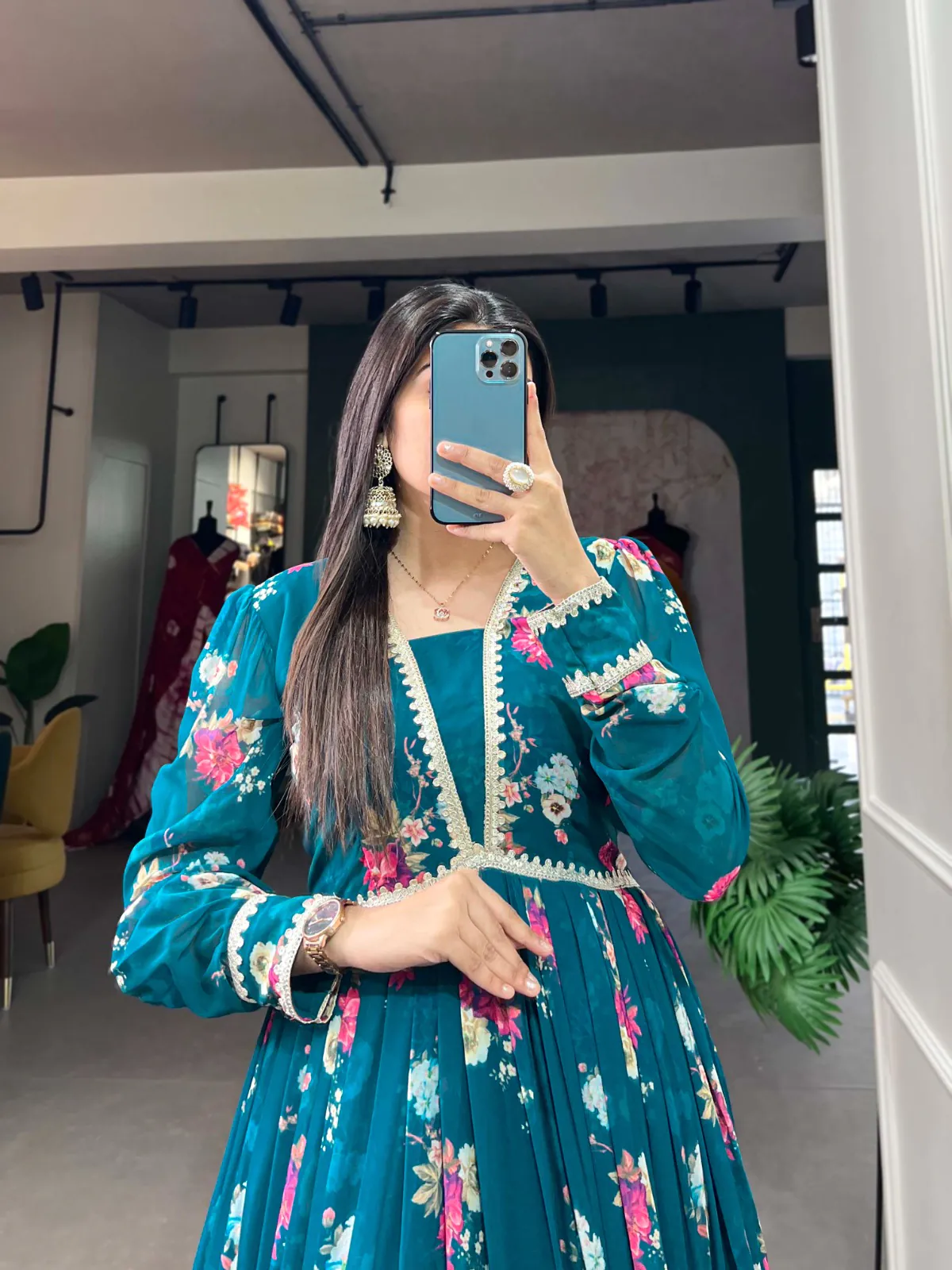 Pine Green Floral Georgette Printed Gown - Image 2