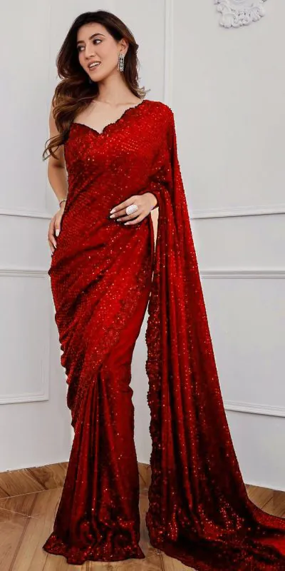 Classic Red Color Full Saree Of Georgette Sequins Work Saree