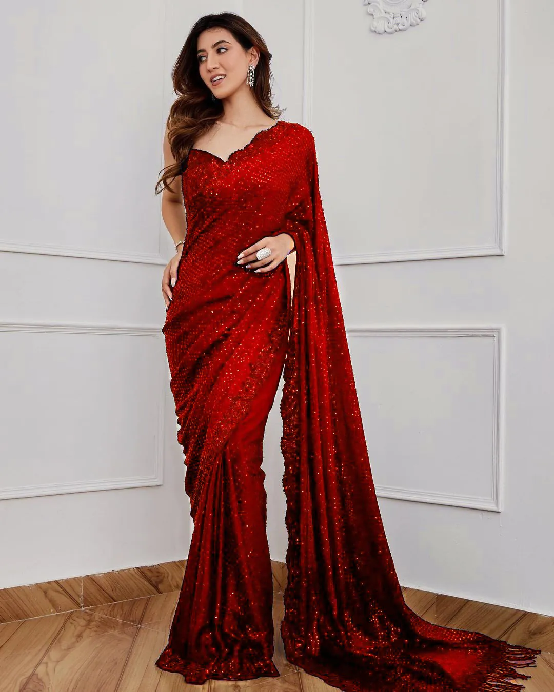 Classic Red Color Full Saree Of Georgette Sequins Work Saree
