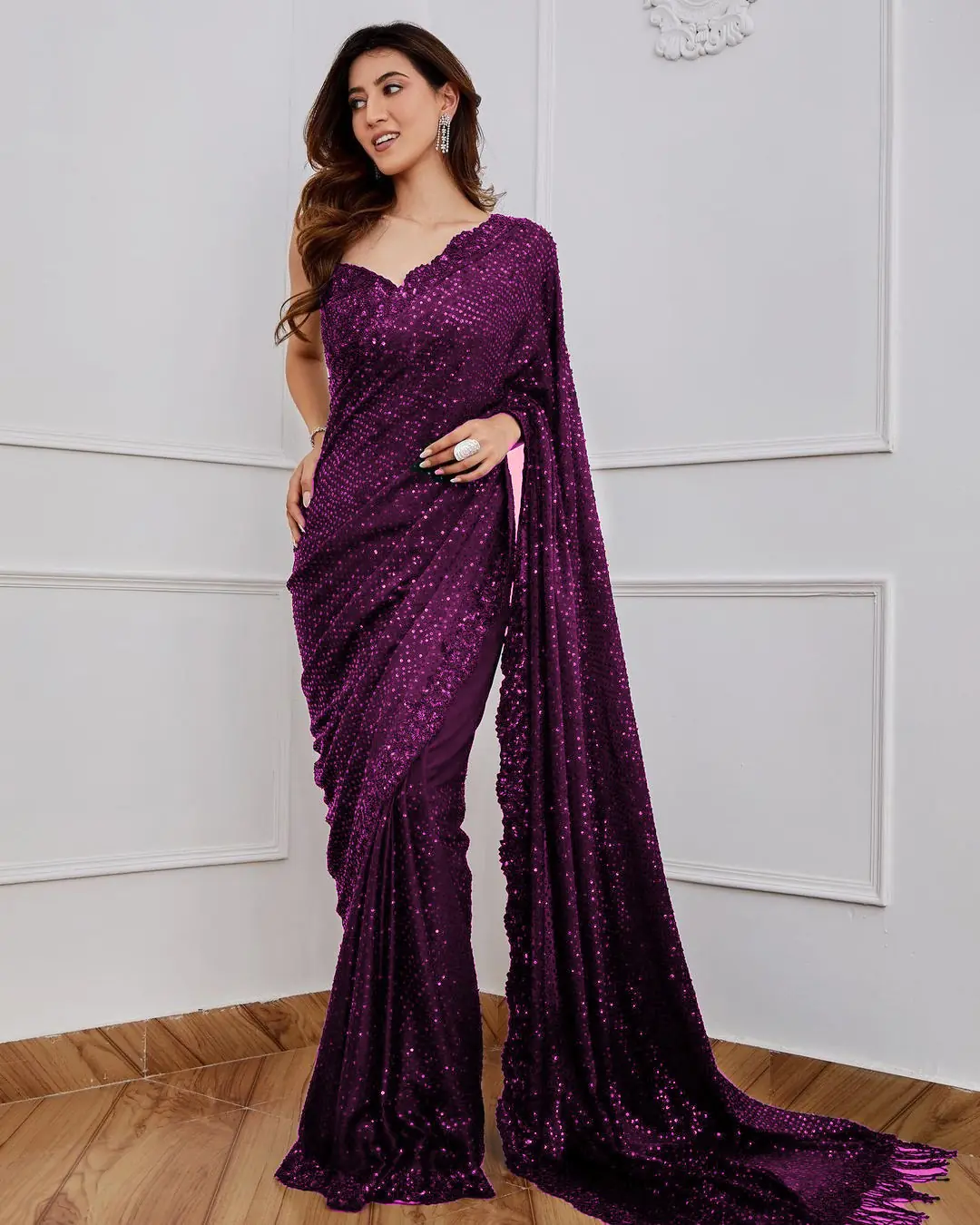 Classic Wine Color Full Saree Of Georgette Sequins Work Saree