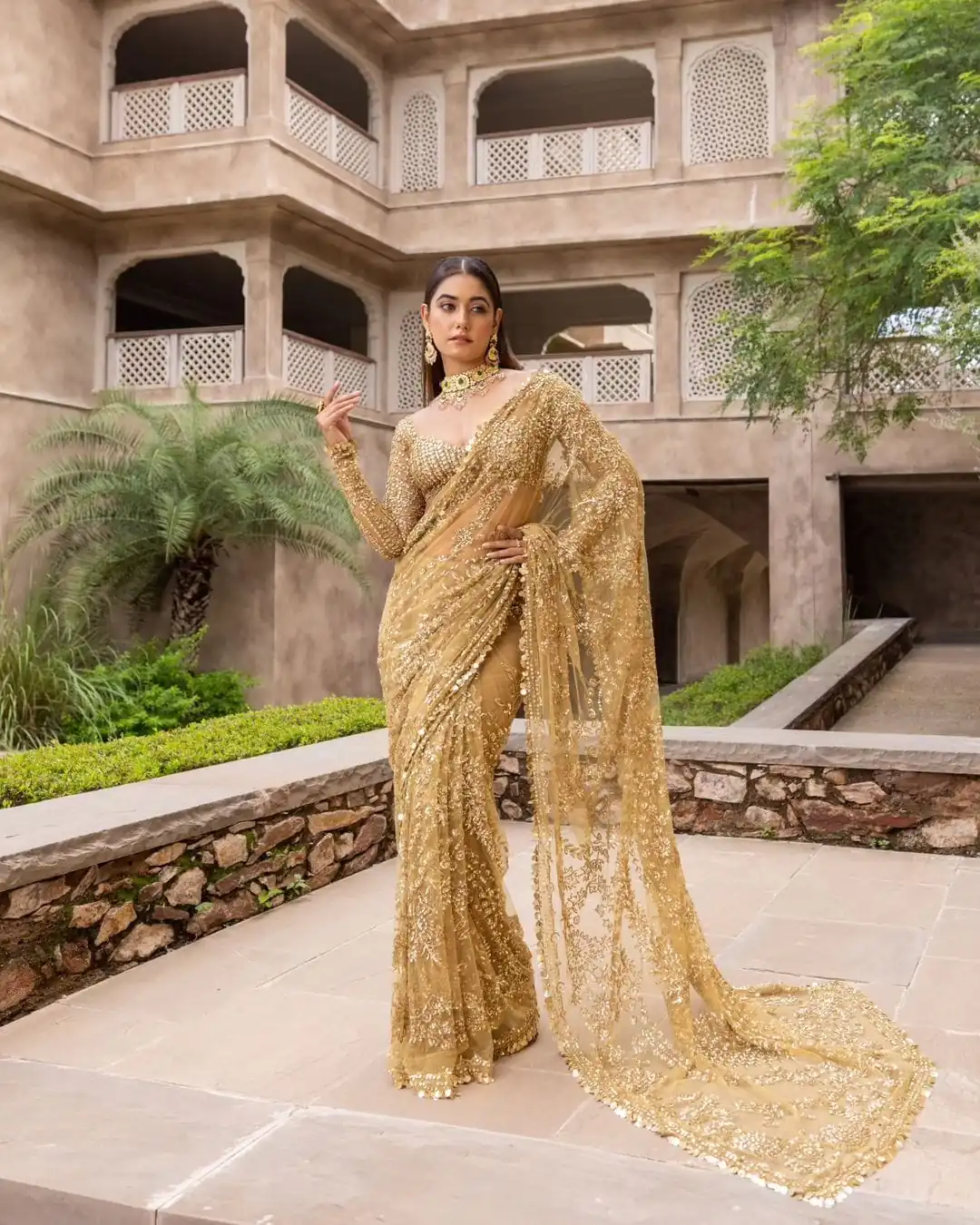 Golden Mono Net Embroidery Work Saree - Image 2